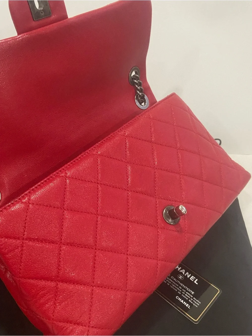 Chanel Quilted shiny Letaher Red Flap Bag